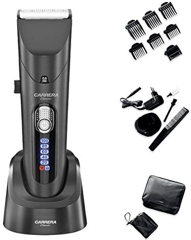 CARRERA Haarschneidemaschine Profi [2H AKKU LAUFZEIT] - Haarschneider mit Kermikklinge & umfangreichem Zubehör - Haartrimmer und Langhaarschneider Herren - Spritzwassergeschütztes Gehäuse