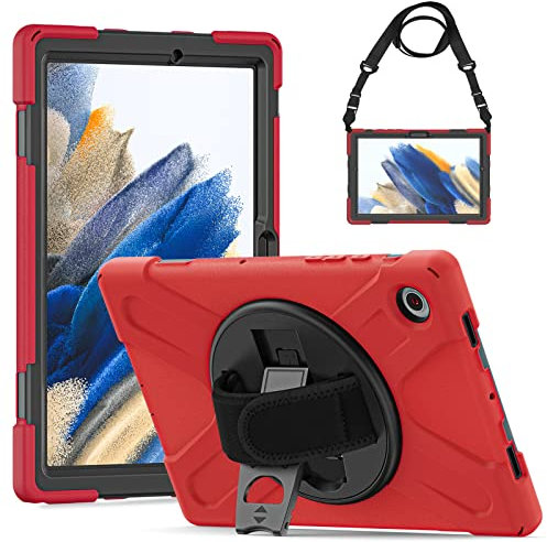 Gerutek Cover for Samsung Tab A8 Case 10.5 inch Shockproof Heavy duty Case with 360° Rotating Stand/Hand & Shoulder Strap Bumper Hard Strong Cover for Samsung Galaxy A8 tablet, Red