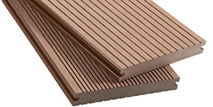 WPC Terrassendielen Massiv Dielen - Komplett-Set Hellbraun | 50 m² (5m x 10m) Holz-Brett Dielen | Boden-Fliesen + Unterkonstruktion & Clips | Balkon Boden-Belag + rutschfest + witterungsbeständig