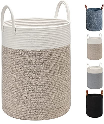 TOTANKI Grand panier à linge en corde de coton - 40 cm (P) x 50 cm (H) - Panier tissé pliable avec poignées en cuir pour ranger vêtements, couches, jouets (blanc/marron)