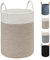 TOTANKI Grand panier à linge en corde de coton - 40 cm (P) x 50 cm (H) - Panier tissé pliable avec poignées en cuir pour ranger vêtements, couches, jouets (blanc/marron)