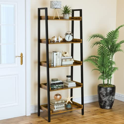 ASTARTH 5-Tier Ladder Shelf, 67 Tall Open Wooden Bookshelf with Metal Frame for Living Room, Rustic Brown