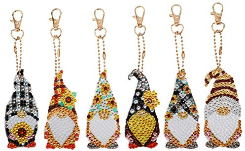 MWOOT 6 Stück 5D Gnom Diamant Malerei Schlüsselbund,DIY Doppelseitig Sonnenblume Elf Diamond Art Painting Keychain für Damen Geldbörse Rucksack Handtasche Dekoration