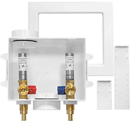 GUOFIS Washing Machine Outlet Box with Stainless Steel Water Hammer Arrestor,1/2 Inch PEX Inlet x 3/4 Inch MHT Outlet Connection Laundry Outlet Boxes,Washer Plumbing Box with Center Drain(WM007)