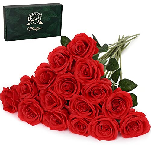 Waipfaru Künstliche Seidenrosen, Kunstblumen, Kunstrosen, Blumenstrauß mit langem Stiel, für Hochzeit, Party, Heimdekoration, Rot, 16 Stück