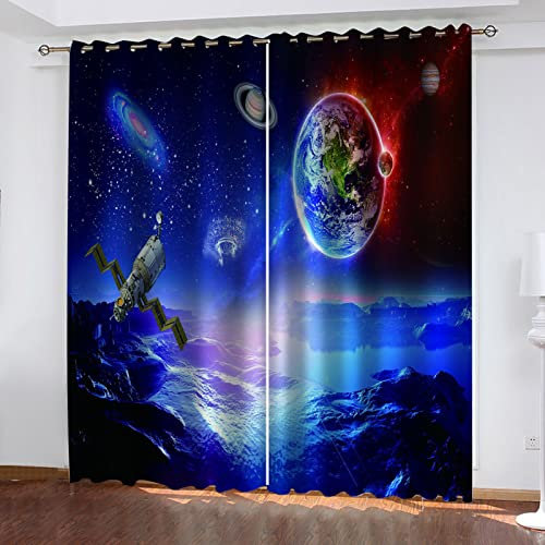 YUSHUO Lichtundurchlässige Vorhänge Universum Galaxie Planet 140X160Cm Vorhang Blickdicht Verdunkelungsvorhang Thermovorhang Hitzeschutz Verdunklungsvorhänge Kinderzimmer Mit Ösen Gardinen Wohnzimmer