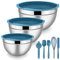 Herogo Lot de 3 saladiers en acier inoxydable avec couvercle hermétique + 5 accessoires de cuisson, taille 1,2 l, 2,7 l, 4,5 l, idéal pour cuisiner/pâtisserie/stockage, empilables – Bleu 8 pièces