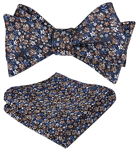 Alizeal Herren-Fliege und Einstecktuch mit Blumenmuster und buntem klassischem Design, Marineblau + Braun, Einheitsgröße