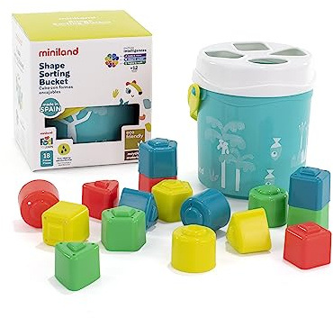 Miniland Feel to Learn Turquoise Shape Sorting Bucket for Children from 1 to 2 Years. 16 Multicolored Pieces with Different Shapes. Made in Spain with ECO Materials