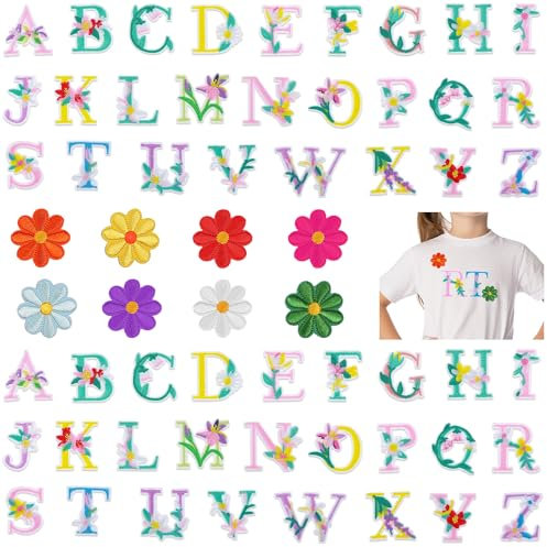 FAURAPMNG 60 Pieces Chenille Iron on Letter Patches, A-Z Flower Alphabet Embroidered Patches Include 52 Sew Iron on Letter Patches and 8 Flower Patches for Backpacks Hats Shirts Jackets Clothing