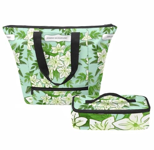 VAPOKF Jasmine Leave Branch Handtaschen für Frauen, Tote Umhängetasche mit isoliertem Lunchbeutel-Set, Tragegriff oben mit Reißverschluss, multi, Einheitsgröße