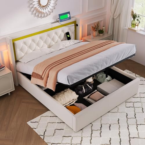 Kehun Polsterbett Doppelbett 160x200 cm mit 2 USB-C und LED-Kopfteil, Stauraumbett mit Stauraum und Lattenrost aus Holz, Bett mit Hydraulisches Metallrahmen, Baumwolle, Hellbeige, Ohne Matratze