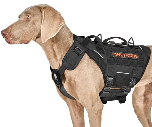 OneTigris Hundegeschirr, Torpedo Taktisches Geschirr mit 4 Metallschnallen 3 Metall-D-Ringen 2 Griffe und Reflexstreifen No-Pull Einstellbar Sicherheitsgeschirr für Große/Mittlere Hunde - Schwarz M