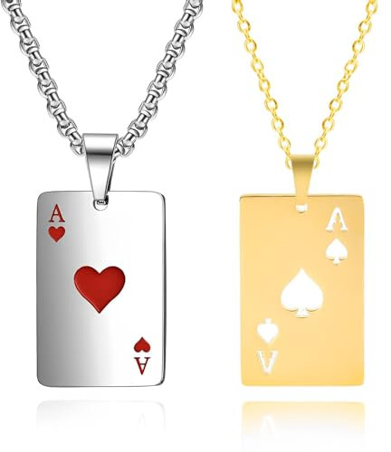 Svitzoot 2 Stk. Poker Kette 50cm Goldenes Pik-Ass und 70cm Silbernes Herz-Ass Edelstahl Halskette Spielkarte Anhänger Unisex Hip Pop Punk