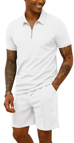 CTU Herren-Trainingsanzug, Poloshirt und Shorts, 2-teilig, Sommer-Outfits, Sportbekleidung, Sweatsuits, weiß, L