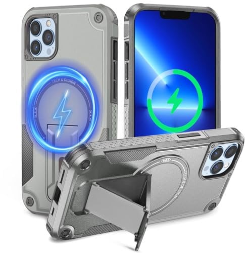 Tuvror Magnetic for iPhone 13 Pro Case with stand. [Compatible with MagSafe] Built-in Kickstand. Rugged Protection Heavy Duty Shockproof Case for iPhone 13 Pro (Grey)