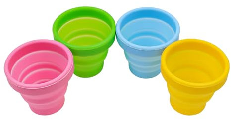 NUZAMAS Paquete de 4 vasos de viaje plegables de 200 ml, vasos de agua de silicona retráctiles plegables con tapa, vasos portátiles para picnic, senderismo, camping al aire libre, azul y verde