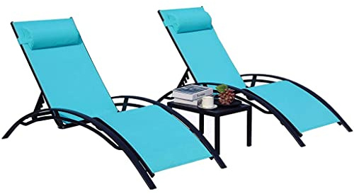Lot de 3 chaises longues inclinables en aluminium avec 5 dossiers réglables, coussin de tête, table pour jardin (D 1)