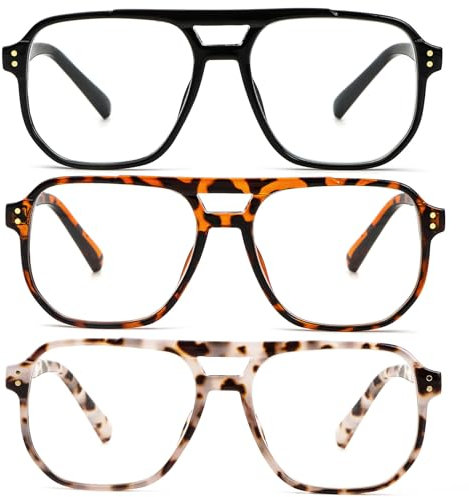 KoKoBin 3 Pack Übergröße Flieger Vintage Lesebrille Herren und Damen Quadratisch Federscharnier lesebrillen Anti Licht Blau Computer Leser (3 Pack, 2, x)