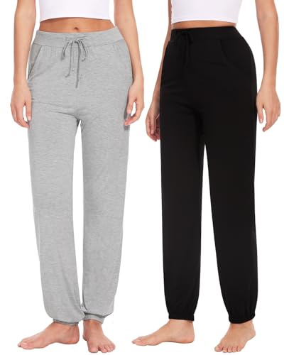Knuffnee Damen Schlafanzughose Lang Pyjamahose Weiche Jogginghose Freizeithose mit Taschen 2 Pack