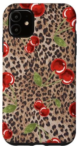 iPhone 11 Cute Cherry Cherries On Cheetah Leopard Print Girl Women Case