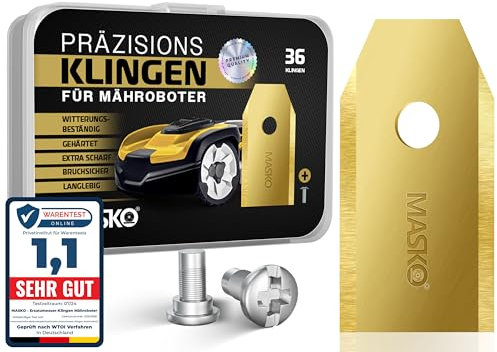 MASKO® Ersatzmesser Klingen für Mähroboter | Rasenmäher Messer universal inkl. innovativen Schrauben | Ersatzklingen Rasenroboter langlebig Titan-Beschichtung Kompatibel mit Gardena/Husqvarna 36 Stück