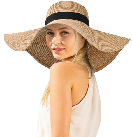 Shengxi Sombrero de Paja de ala Ancha para Playa, Viaje de Verano para Mujer - Protección UV UPF 50+
