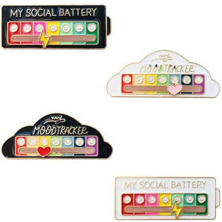 AYNKH 4 Pcs My Social Battery Pin Funny Social Mood Conversion Brooch Pin for 7 Days Cute Creative Pin Badges Allow You to Silently Indicate Your Mood for Men Women Gift