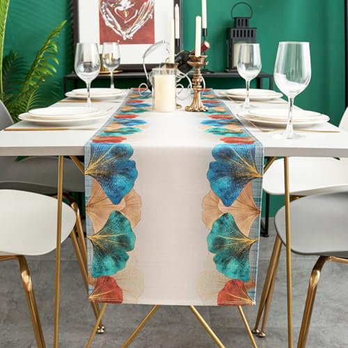 Kiatuniya Tischläufer Modern Blau Grün Petrol Gold Ginkgo Biloba Herbst Wohnzimmer Deko Rot Türkis Vintage Tischdeko Esstisch Landhausstil Winter Table Runner für Urlaub Party Küche 40x140cm