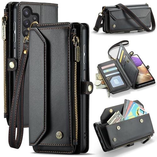 FONREST Leather Purse Bag Case for Samsung Galaxy A32 5G, Magnetic Flip Wallet Cover with Kickstand RFID Blocking Card Holders Cash Slot Zipper Pocket Crossbody Lanyard Wrist Strap (Black)