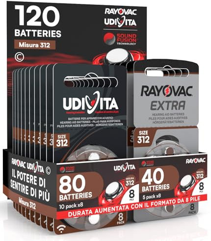 120 Pile per Apparecchi Acustici Misura 312 PR41 (Marroni - Zinco Aria) con Sound Fusion Technology - 120 Batterie: 80 Udivita + 40 Rayovac
