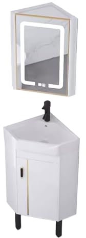 Armoire d Angle Salle de Bain avec Vasques, Armoire de Toilette Miroir Salle de Bain avec Eclairage, Glaçage Lisse, Soutien a Trois Jambes, pour Toilette(42CM)