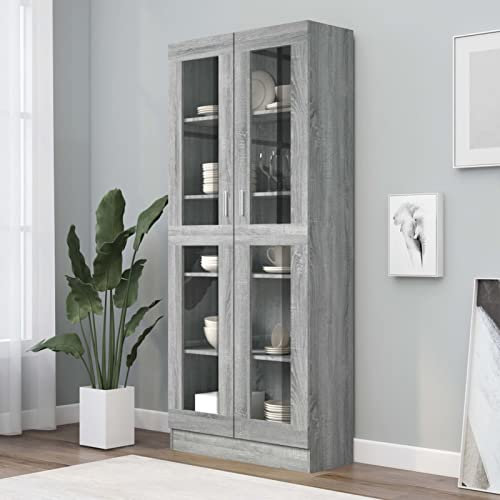 Gecheer Vitrinenschrank Glasvitrine Bücherschrank Aktenschrank Büroschrank Vitrine Schrank Bücherregal Standvitrine Vitrinenschränke für Wohnzimmer Büro Esszimmer,Grau Sonoma 82,5x30,5x185,5 cm