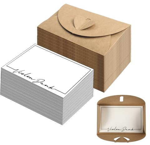 Mini Briefumschläge mit Herz Verschluss (Set, 50 Umschläge, 50 Karten, Vielen Dank) Kraftpapier