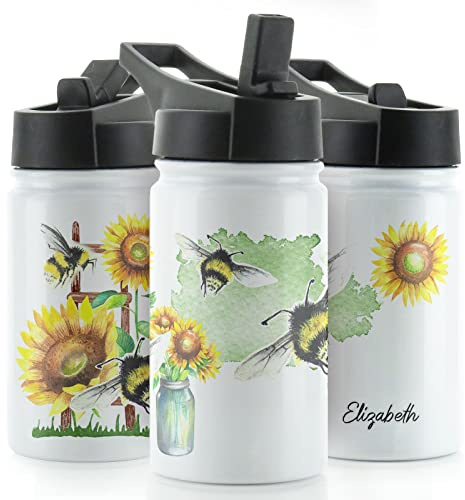 Hairyworm Personalised Water Bottle, 350ml White Sports Flask with Straw Cap Flip Lid, Stainless Steel, Customised with Initial/Name, Yellow Sunflower Floral Garden Design Print, Drink Bottle