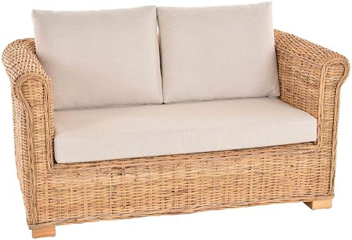 Krines Home Wohnzimmer-Sofa Nizza aus echtem, ungeschältem Rattan / 2-Sitzer Lounge-Sofa mit Polster (Hell Natur, Zweisitzer)