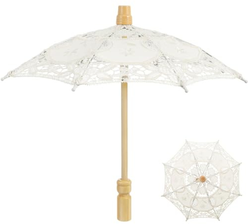 GALPADA Ombrello da sposa in pizzo in tessuto di cotone, con ricamo, impugnatura ergonomica, per foto di nozze, decorazione nuziale, tea party e travestimenti