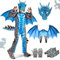 Ulikey Drachen Kostüm, Jungen Faschings Kostüm, Drachenkostüm Set mit Drachenflügel, Maske, Handschuhe und Schuhüberzieher, Drachenanzug Jungen, Blau, M (130 cm)