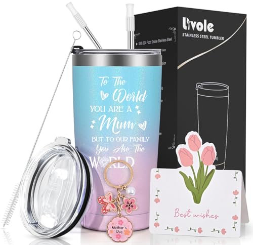 Livole Mother s Day Gifts for Women, Her, Mum Gifts for Birthday, Christmas Presents for Mum, Mummy, to Our Family You are The World, Mum Key Ring, Greeting Card, 20oz Travel Coffee Mug, Wine Tumbler