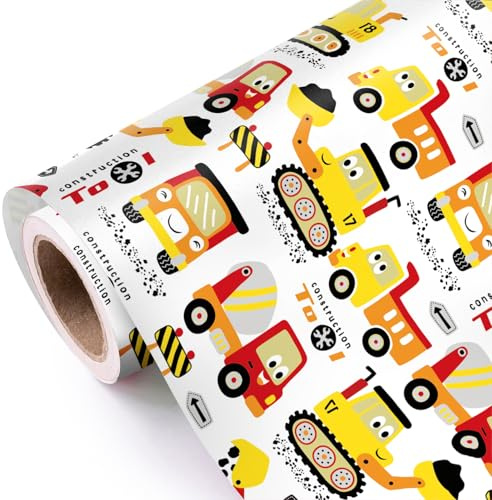 WRAPAHOLIC Jumbo-Geschenkpapierrolle – 76,2 cm x 10,2 m – Bagger-Traktor-LKW-Design für Kinder, Jungen, Geburtstag, Babyparty