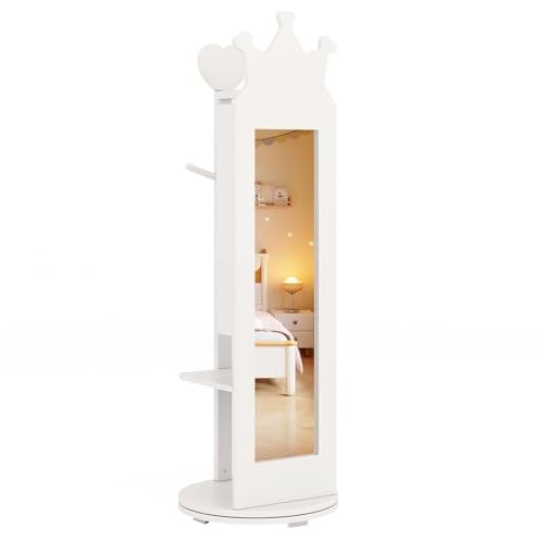 GOPLUS Armoire a Bijoux Rotative à 360° pour Enfant, 3 en 1 Armoire à Bijoux sur Pied avec Miroir Pleine Longueur, Porte-vêtements, Grand Espace de Rangement pour Chambre d'Enfant (Blanc)