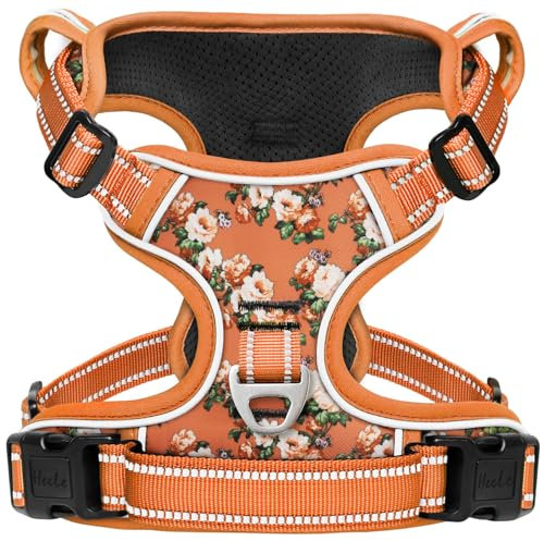 HEELE Hundegeschirr, Hundegeschirre mittelgroße Hunde mit Griff reflektierendes Hundegeschirr gepolstertes Brustgeschirr No Pull Geschirr Hund Verstellbar, Blume-Orange, M