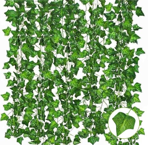 VISLANTE Künstliche Efeu Girlande, 12 Stück Kunstpflanze Hängend Kunstefeu Blätter Girlande 210cm Hängepflanze Künstliche Pflanzen Efeu Ranken für Zimmer, Balkon, Garten, Party Dekoration (Grün)