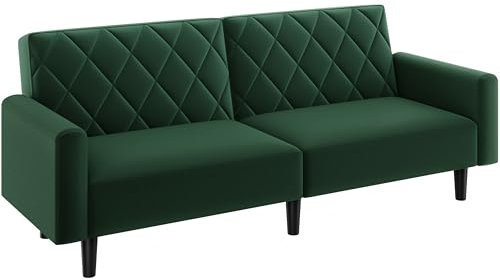 Yaheetech Velvet Sofa with Adjustable Backrest, Convertible Upholstered Loveseat with Sturdy Frame, Folding Couch for Living Room, Apartment, Home Office, Green