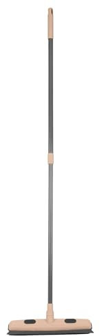 Rubber Broom with Squeegee Edge 2-in-1 Rubber Bristle Brush Head Pet Hair Remover with Long Handle Sweeper Spill Cleaner for Carpet, Tile, Hardwood Floor, Window, Indoor/Outdoor (Beige)