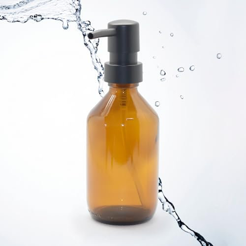 Seifenspender 250 ml aus Glas - Braunglasflasche |Ø 6.5 x 18 cm - mit schwarzem Pumpkopf | Stilvoller Spülmittelspender, Handseifenspender & Pumpspender - ideal für Küche, Bad und Dusche
