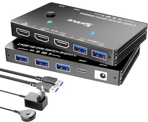 HDMI KVM Switch 2 PC 1 Monitore 8K@60Hz 4K@120Hz, ESKEVE USB3.0 KVM-Switch für 2 PCs, die sich 1 Monitore und 3 USB3.0-Geräte teilen, inkl. USB-Kabel, Netzadapter und Kabelfernbedienung
