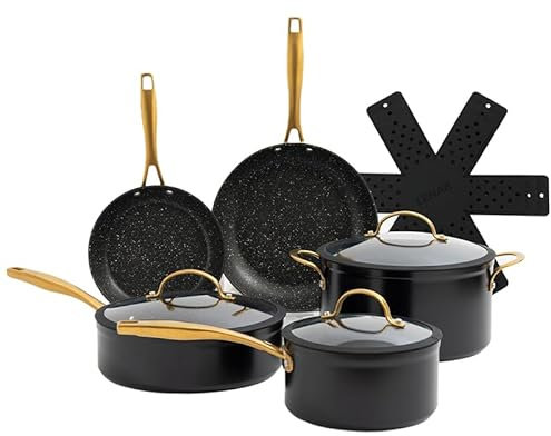 Induction Base Nonstick Pots & Pans Set 9pc Non Stick Kitchen Cookware Black and Gold Saucepan Pot and Frying Pan