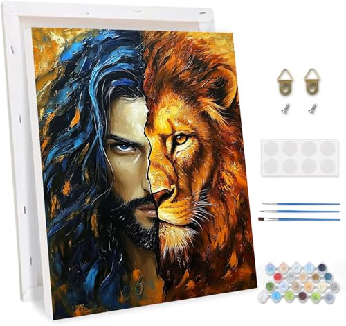 TOSTOG Peinture par Numéros pour Adulte avec Cadre,Jésus et Le Lion DIY Peinture Acrylique pour Adultes Débutants,Kit de Peinture à l'huile sur Toile pour Décoration Murale Maison 30x40cm