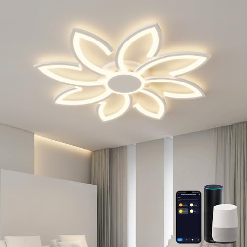 Smart WiFi Deckenlampe Wohnzimmer Kompatibel mit Alexa und Google Home, Φ80cm Wohnzimmerlampe Decke Modern, Led Deckenleuchte Blume Dimmbar, für Wohnbereich, Weiß